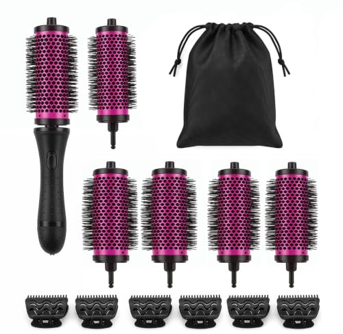 Nano Ionic Round Hair Brush Set for Curling & Volume - 6Pcs(Rose) | Heat-Resistant Barrel, Flexible Nylon Bristles,Detachable Handle,3 Sizes,6 Clips,1 Handle – Black Storage Bag Included