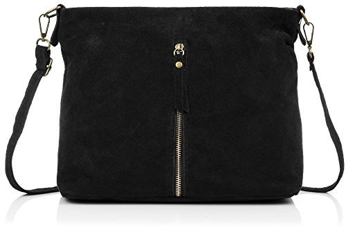 FIRENZE ARTEGIANI. Damen Echtleder Umhängetasche Camoscio Finish Fronttasche Reißverschluss Tasche Damen Schultertasche Made in Italy Vera Pelle Italiana, Black/White, Utility, schwarz/weiß, Utility