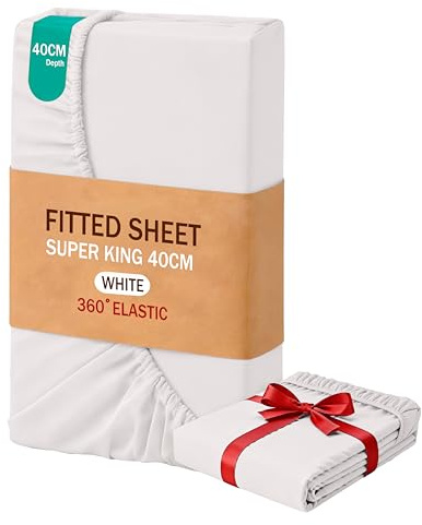 MOHAP Super King Size Fitted Sheet White with Extra Deep 16 inch 40 cm Pocket Bed Sheet Only Bedsheet Brushed Microfiber Bottom Sheet for Super King Bed 180x200 White