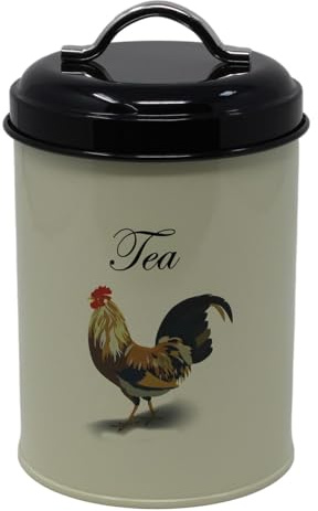 Monsoon – Airtight Tea Canister Cockerel Hen Cream & Black Barrel Airtight Storage Round Metal Tea Caddy Individual Jar Kitchen Container Tin Vintage (Tea)