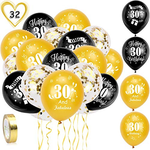 HOWAF 30. Geburtstag Luftballons, 30 Stück Schwarz Gold 30. Geburtstags Deko Ballons Latex Konfetti Luftballons & 2 Bänder für Männer Frauen 30. Geburtstag Party Dekorationen - 12 Zoll (Alter 30)