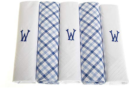 Surf the Shop 5 Stück bestickte Herren-Taschentücher mit Satin-Bordüre und blauem Karomuster, verschiedene Buchstaben, 5 Stück, W, 5 Pack