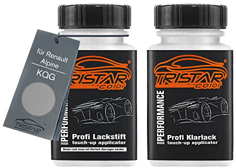 TRISTARcolor Stylo retouche pour Renault KQG Gris Schiste Metallic + vernis | pour Renault / Alpine, Peinture voiture, Kit peinture de base + vernis, flacons de peinture avec pinceau, 50ml chacun