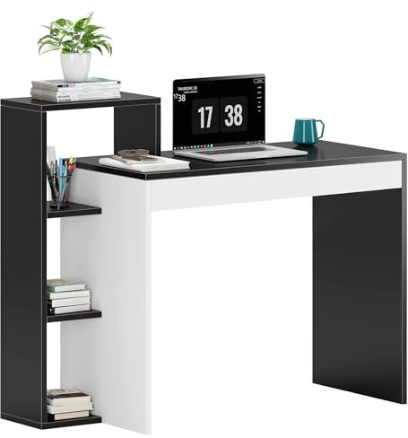 soges Schreibtisch Kleiner Schreibtisch All-Board-Design Arbeitstisch aus Holzwerstoff mit Regalen für Bücher Unterlagen Bonsai Pflanzen, Weiß/Schwarz,110 x 40 x 91 cm