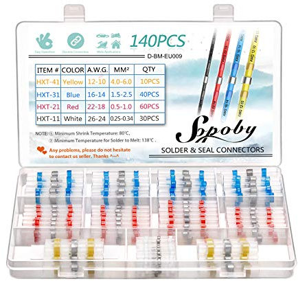 140 PCS Joint de Soudure Connecteur de Fil, Sopoby Thermorétractables Souder Bout à Bout Seal Connecteurs Electriques Isolés Etanche Marine Marine Automobile
