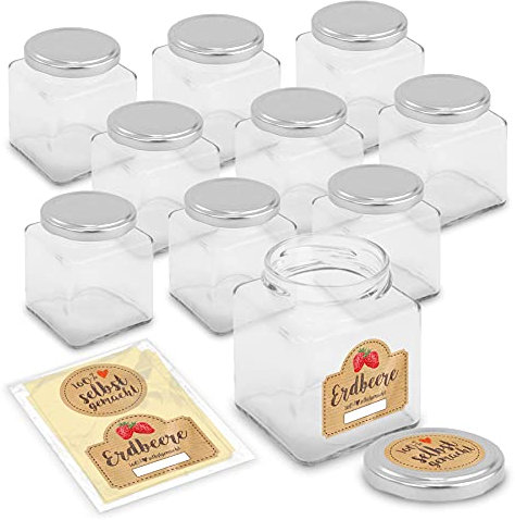 itenga 10x Marmeladengläser quadratisch 212ml und passende Marmeladensticker Erdbeere - Einmachgläser modernes Glas Erdbeermarmelade