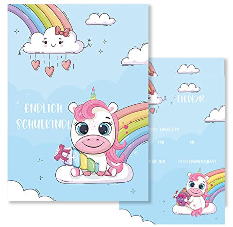 Klasse 10x Einschulung Einladungskarten Einladung Kinder Mädchen Einhorn Regenbogen 10x15 cm Party Kinder Schulbeginn Schulstart Erstklässler Schulkind Erste Schulanfang