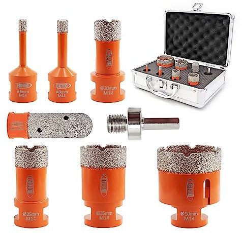 BGTEC Foret Diamant Kit Trépan Carrelage - 8 pièces(6/8/20/25/35/35/50mm+20mm mèche à doigt + adaptateur hexagonal) avec filetage M14 pour percer porcelaine,céramique,carrelage,granit,marbre et pierre
