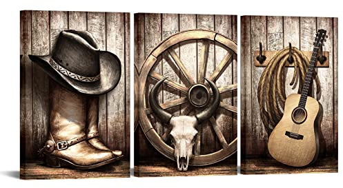 Biuteawal 3 Stück Cowboy Wandkunst American West Rodeo Cowboy Hut Stiefel Bilder Poster Gitarre Malerei auf Leinwand Beige Vintage Kunstwerk gespannt für Zuhause Büro Schlafzimmer Dekoration