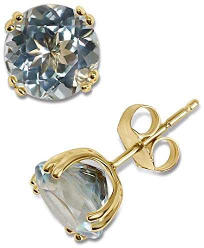 KOKAV Runde Ohrstecker aus massivem 14-karätigem Gelbgold, 8 mm, echter Aquamarin, minimalistisch, 8 Krallen, unisex