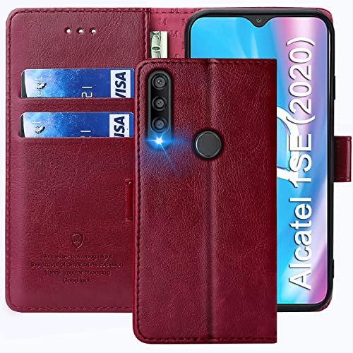 FMPCUON Case For Alcatel 1 SE 2020,High-grade Leather Flip Wallet Phone Case Cover for Alcatel 1 SE 2020 Inches [Card Slots] [Kickstand] [Magnetic Closure]-(Red)