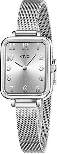 CIVO Damen Uhr Silber Wasserdicht Minimalistisch Rechteck mit Edelstahl Mesh Armband Mode Kleid Elegant Beiläufig Quarzuhr für Damen
