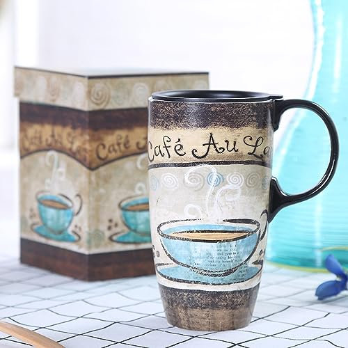 DUSVALLY Coffee Ceramic Mug Porcelain Large Tea Cup with Lid and Gift Box Latte Mug,17oz.Cafe