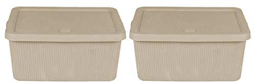 M1SS (Pack of 2)- 7 Litre Storage Box with Lid Utility Boxes Rib Design Solid Colour Storage Handle Plastic Containers Lidded Bin knick knacks Small Box Decorative Item Cosmetics (Beige)