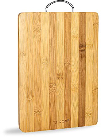 Bambus Schneidebrett, TJ POP Küche Schneidebrett mit Griff, ideal für Fleisch, Käse, Obst und Gemüse, 33,5 x 24 x 1,5 cm