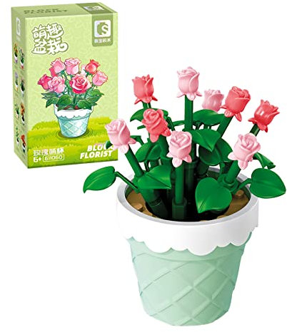 MEIEST Blumen Sukkulenten Bonsai Baustein Set, Mini künstliche Partikelblume botanische Sammlung Baustein Spielzeug, Heimdekoration,6+(Rose)
