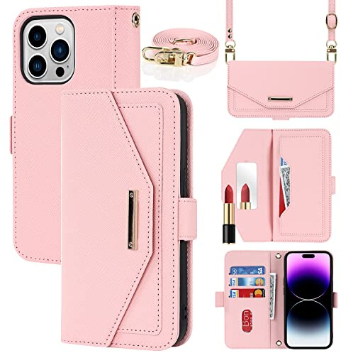 Cavor Case compatible with iPhone 14 Pro Max Phone Case With Strap,Crossbody Flip Leather Wallet Case,[5 Card Holder][Mirror][Magnetic],Lanyard Case Cover for women - Pink