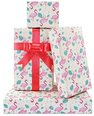 Geschenkpapier, tropisch, pink, tanzender Flamingo, mit passendem Seidenband (1 Designs, 4 Blatt, 68.6x50.8 cm pro Blatt, Flamingo-Geschenkpapier Für Geburtstag, Hochzeit Babyparty Party