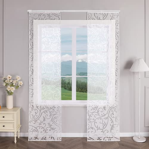 Delien 2er Set Schiebevorhänge Ausbrenner mit Ranken Muster Transparente Gardinen Modern Schiebe Flächenvorhänge Wohnzimmer Vorhang Fenster Gardinen Schals mit Klettband BxH 57x225cm,Weiß