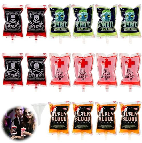 16 Stück Halloween Trinkgefäß Blutbeutel, Blutspendebeutel, Getränkebeutel, Blutbeutel für Getränke, Cosplay Requisiten mit Trichter, Blutige Patterns Getränkebeutel für Halloween Cosplay Zombie Party