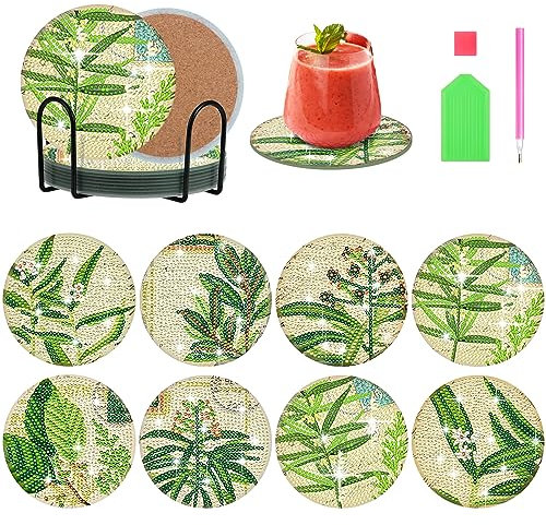 Kinsinder 8Pcs Diamond Painting Untersetzer, DIY Diamant Art Untersetzer mit Halter, Runde Diamant Malerei Untersetzer für Anfänger Erwachsene Kinder Crafting Projekte (Blätter)