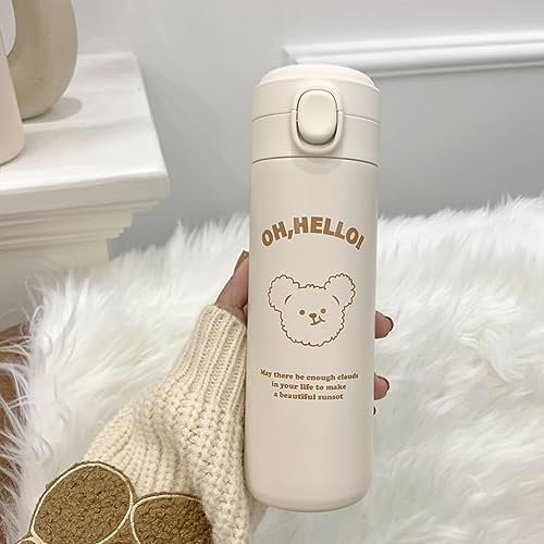 Azazaza Botella de agua de oso de 450 ml, botellas de agua Kawaii de acero inoxidable a prueba de fugas con bolsa, sin BPA, lindo oso, botellas de agua aisladas con calcomanías para adolescentes,