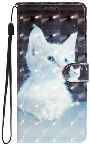 Phone Case for iPhone 12 Mini, Protective Magnetic PU Leather Wallet Shockproof TPU Bumper Flip Cover with Card Holder Slot for iPhone 12 Mini,White Cat