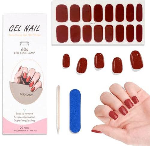 1 PCS Gel Nagellack Aufkleber, Full Wraps Nagelaufkleber, UV Nagelfolien, Nagellackstreifen, Cured Gel Nail Strips mit Nagelfeile und Stick, Nagelsticker für Frauen Mädchen (Rot)