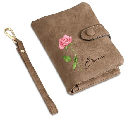 Wamantic Portefeuille Personnalisé Femme Portefeuille Personnalisé avec Nom et Fleur de Naissance Porte Monnaie Court en Cuir PU Portefeuille Petit Format Compact avec 16 Emplacements Cartes(Marron)