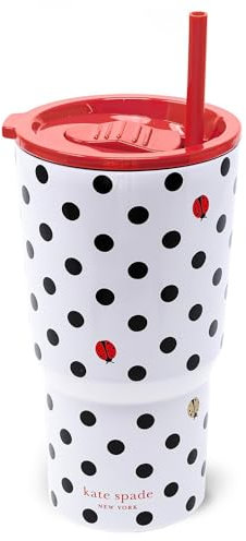 kate spade new york 20 Ounce Insulated Tumbler for Cold and Hot Drinks with Reusable Straw, Stainless Steel Travel Cup with Slide Top Lid, Ladybug Dot