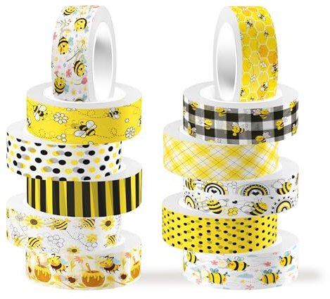 12 Rolls Washi Masking Decorative Tapes Cute Bee Washi Tape Set Yellow Bees Scrapbook Tapes Decorative Masking Tape Decorative Tape Craft Supplies for Journals DIY Crafts Planners Gift Wrapping