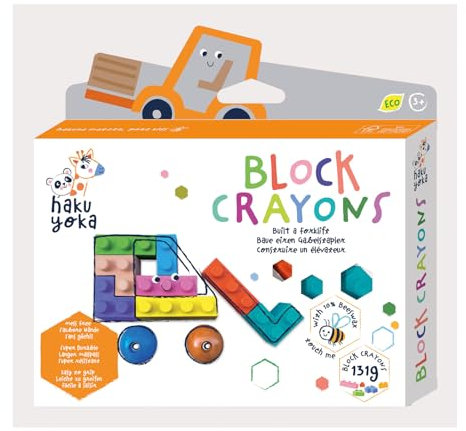 Haku Yoka 6303088 Block Wachsmalkreiden-Set, Gabelstapler, Wachsmalsteine in kräftigen Farben, Wachmalstifte in Klemmbaustein-Form, ohne Abfärben, für Kinder ab 3 Jahren