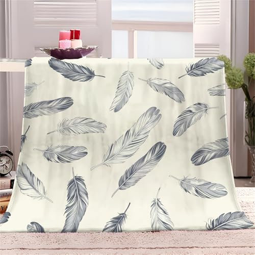 Einfache Handgezeichnete Federn Fleecedecke 150x200cm XXL Kuscheldecke Flauschig Weiche Flanell Decke als Sofadecke Tagesdecke, Creme Farben Geschenk Kuscheldecke für Mädchen Jungen