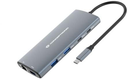 CONCEPTRONIC DONN06G 10 in 1 USB 3.2 Gen 1 Docking Station, HDMI, 100 W USB PD, USB-C 5 Gbps x 2, USB-A 5 Gbps x 3, SD, TF/MicroSD, GbE