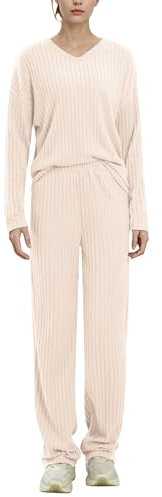 AGYMNX Schlafanzug Damen Lang Pyjama Set Baumwolle Lange �rmel Gestricktes Yoga-Sets mit V-Ausschnitt 2 St�ck Slim Fit Frauen Gem�tliche Nachtw�schee mit Taschen Sportanzug Trainingsanzug beige M