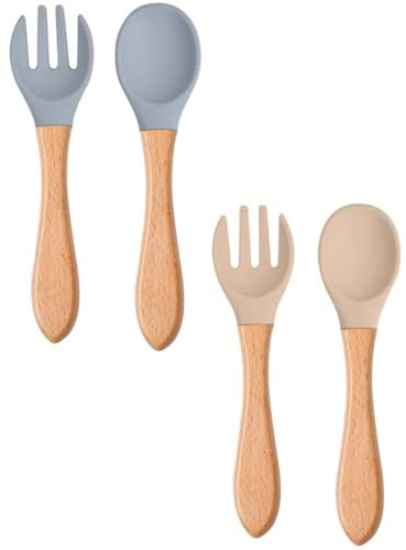 4 Pcs Silicone Feeding Utensil Easy Grip Toddler Cutlery Kit,Baby Fork and Spoon Set,Children's Flatware Kids Cutlery Set for Infant Toddler Children First Led Training Weaning, 6-12 Month