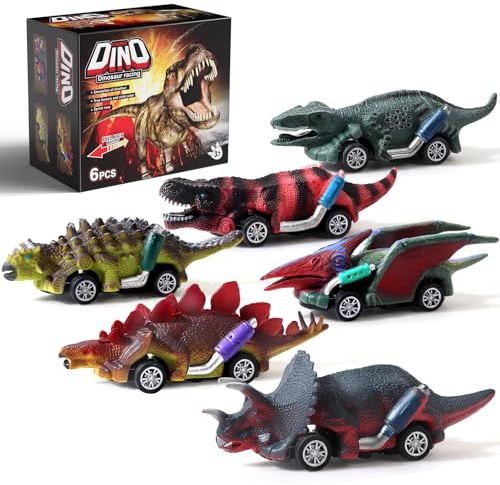 Aiqi Dinosaurier Spielzeug Auto, 6 Stück Dino Auto Klein, Dino Zurückziehen Spielzeugauto, Weihnachten Ostern Geburtstag Geschenk für 3 4 5 6 7 8 9 Jahre Jungen Mädchen