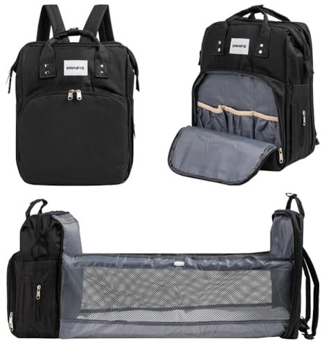 Barmøya 2-in-1 Wickelrucksack mit Wickelablage | Wasserabweisender Wickelrucksack mit isolierten Flaschenhaltern, Laptopfach und viel Stauraum | Inkl. Stabilisator-Stangen (Schwarz)