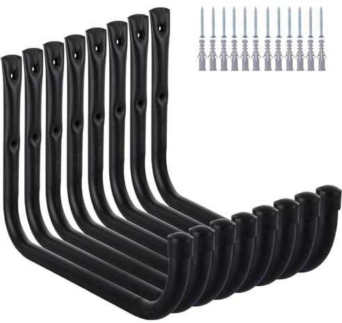 VIDETOL 8 Pcs J Hooks Heavy Duty, Large Garage Hook for Garage Wall, Ladder Hook Wall Hooks Utility Hangers for Tools, Bike, Wood, Metal, Board and Stick(29x20cm)