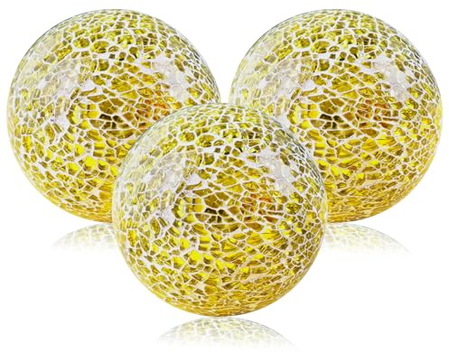 Yazikisa 8,5cm Dekorative Glaskugeln für Schüssels Gold Mosaikkugeln Glas Knistern Kugeln Solide Sphäre Runde Globus Kaffeetisch Esstisch Vasen Hochzeitsfeier Dekor Modern 3 Stück