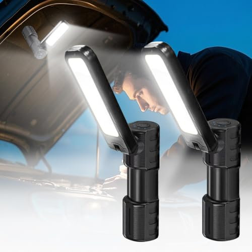 LED Work Light 2000 Lumen 2 Pack Rechargeable Work Light with Magnetic and Foldable, Inspection Lamp 180° Rotating Stand and Magnetic Torch for Maintenance Work Night Walking Camping Emergency