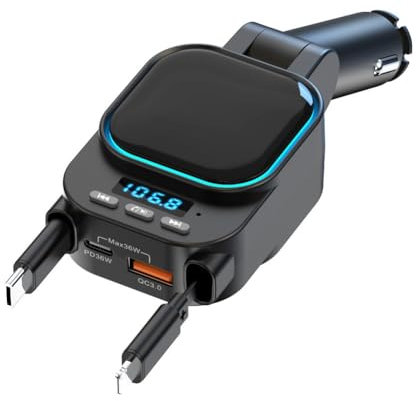 Knoruley Chargeur de Voiture Rétractable 96 W avec Adaptateur de Voiture Bluetooth, Charge 4 en 1, Transmetteur Radio Bluetooth 5.3 FM pour Voiture