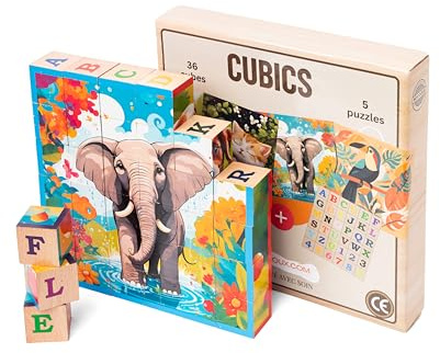 CUBICS – Puzzle Montessori in legno 6 in 1 | 36 cubi con 5 puzzle di animali, lettere e numeri | Giocattolo educativo 3+ | Legno naturale senza plastica | Idea regalo per Natale o compleanno