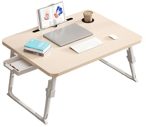 Foldable Table Tray Bedside Laptop Table Home Bed Simple Desk Folding Mobile,Foldable Overbed Table Laptop Desk with Bookcase, Drawer, Card Slot and Cup Holder, Height Adjustment Over Bed Ta