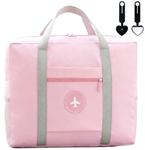 ZenyTra Hand Luggage Bag, Pink, 52 x 38 x 19 cm, Waterproof Foldable Sports Bag for Men and Women, Includes 2 Luggage Tags (Pink/Yellow), Weekender for Travel & Fitness