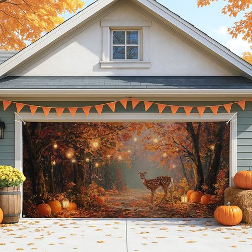 Garagentorabdeckung mit Herbst-Hirsch-Motiv, rustikale Herbstdekoration für große Garage, Outdoor-Halloween und Thanksgiving-Dekoration, 390 x 180 cm
