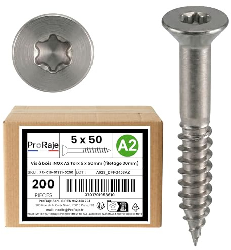 PRORAJE Vis à bois INOX A2 : 5x50 mm Tête fraisée TORX, LOT DE 200 Pcs | Filetage Partiel 30mm, Acier inoxydable A2 (V2A / AISI 304), Construction / aggloméré, 5 x 50mm , 5x50mm, 5 x 50 mm