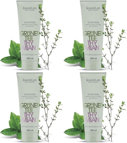 Jean & Len Duschgel Grüner Tee & Thymian, pH-hautideal, wohltuend-würziges Duscherlebnis, angereichert mit Grüner Tee- und Thymian-Extrakt, veganes Duschgel, ohne Parabene & Silikone, 250 ml