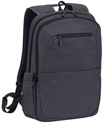 Rivacase ECO wasserfester Laptop-Rucksack mit einem Fach für Notebook bis 15,6 Zoll und Tablet bis 10,1 Zoll – dank Trolley-Gurt perfekt als Reiserucksack – Laptoprucksack aus Polyester / (Schwarz)