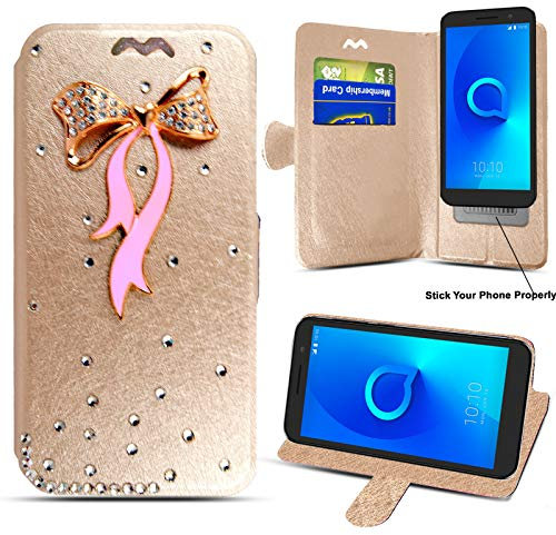 Alcatel 1 5033X Phone Case, Magnetic Luxury Bling Diamond Glitter PU Leather Wallet Flip Case Cover Stand View Protective Card Holder Pouch For Alcatel 1 5033X 5 Inch (Pink Bow Ribbon On Gold)
